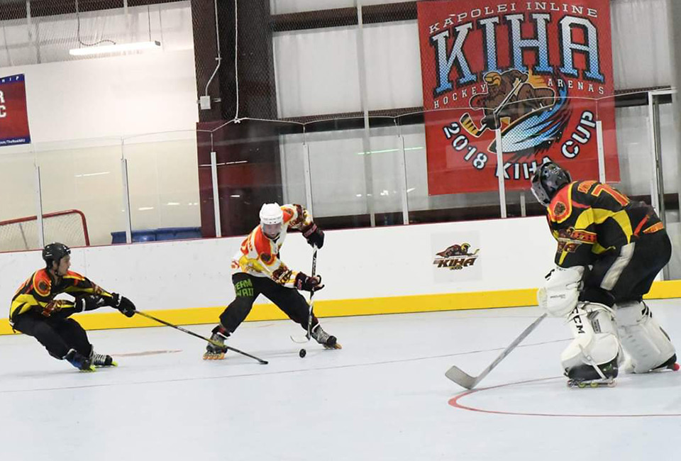 image of goalie with rollerflys defending goal